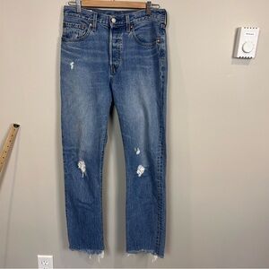 Levis 501 Jeans Womens 27X30 Button Fly Distressed Denim‎ Blue Raw Hem Med Wash